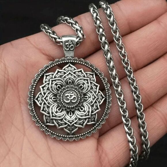 Lotus Mandala Flower Unisex Stainless Steel Pendant Necklace - Picture 1 of 4